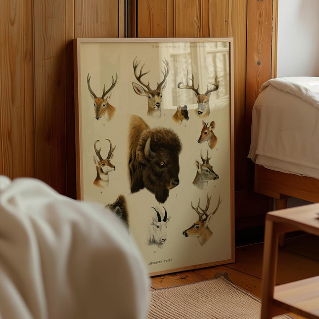 North American Game Print, Vintage Wildlife Chart Poster, Antique Deer Bison Hunting Wall Art, Rustic Lodge Animal Illustration Decor Print