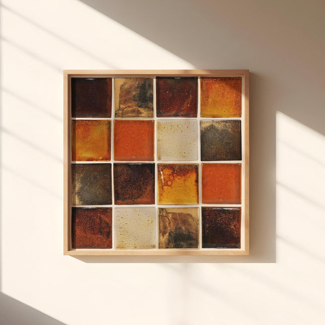 Retro Tile Grid Print, Vintage Amber Mosaic Wall Art, Earthy Abstract Poster, Mid Century Modern Decor, Burnt Orange Brown Tile Art Print