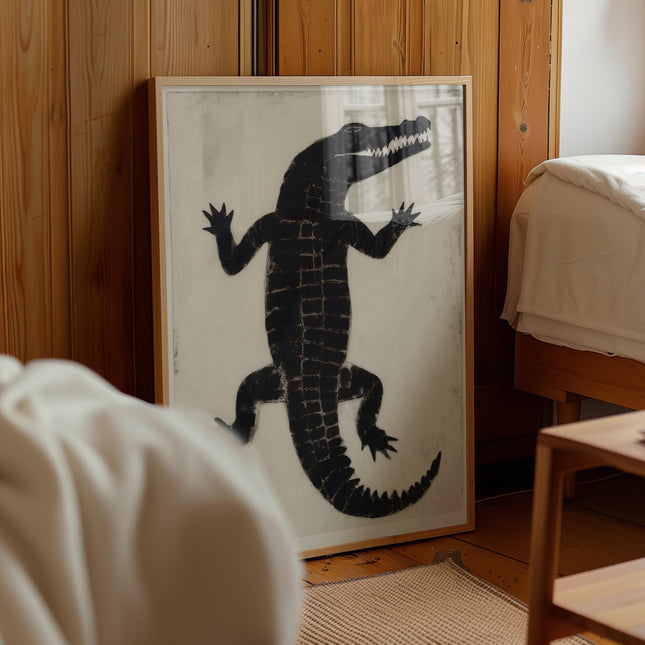 Vintage Crocodile Print, Japanese Folk Art Alligator Poster, Black Minimalist Wildlife Wall Art, Woodblock Style Reptile Decor, Boho Animal