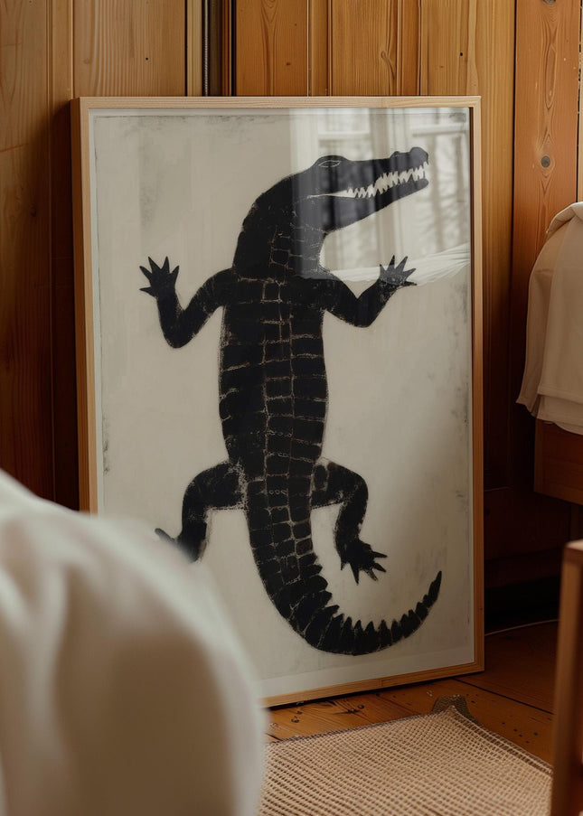 Vintage Crocodile Print, Japanese Folk Art Alligator Poster, Black Minimalist Wildlife Wall Art, Woodblock Style Reptile Decor, Boho Animal