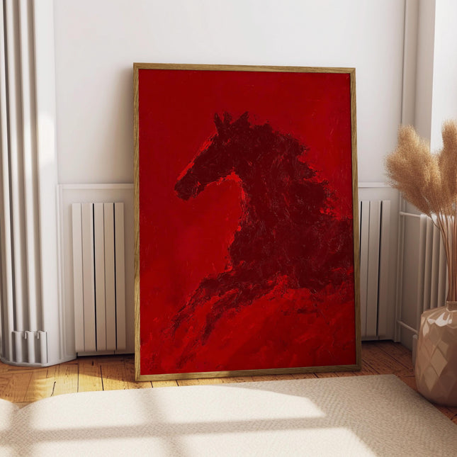 Red Horse Print, Abstract Equestrian Wall Art, Bold Oil Painting Style Poster, Western Horse Silhouette Decor, Moody Animal Art Print
