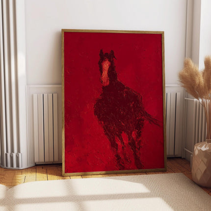 Running Horse Print, Abstract Red Equestrian Wall Art, Bold Oil Painting Poster, Western Horse Charging Decor, Moody Crimson Animal Print