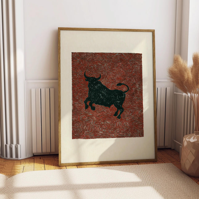 Japanese Bull Print, Vintage Woodblock Style Taurus Wall Art, Black Bull Red Swirl Poster, Folk Art Animal Decor, Eclectic Boho Bull Print