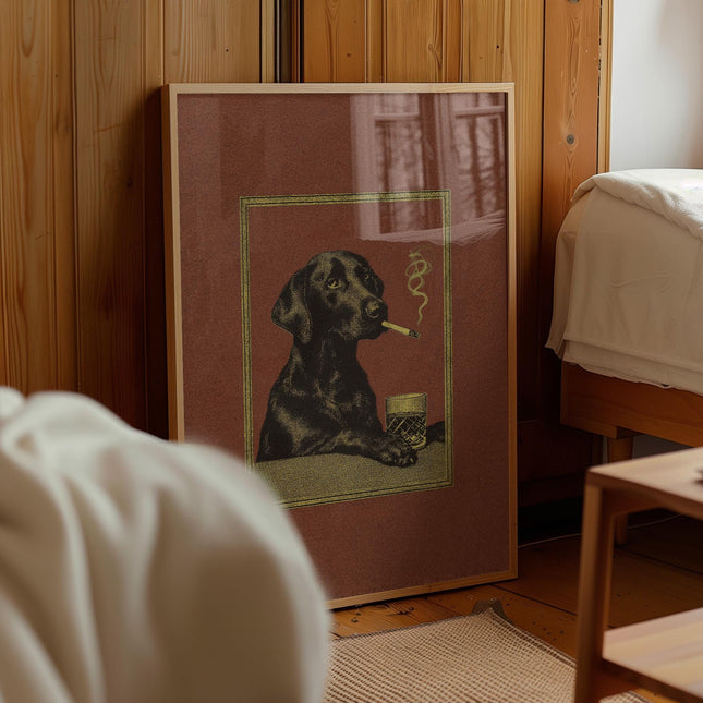 Black Lab Whiskey Print, Vintage Retro Smoking Dog Wall Art, Funny Dog Bar Poster, Quirky Dog Lover Gift, Eclectic Humorous Animal Decor