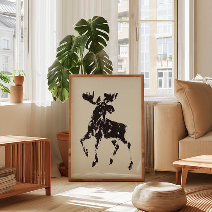 Moose Print Wall Art, Abstract Ink Brush Moose Poster, Minimalist Black Cream Wildlife Decor, Rustic Canadian Animal Art, Cabin Nature Print