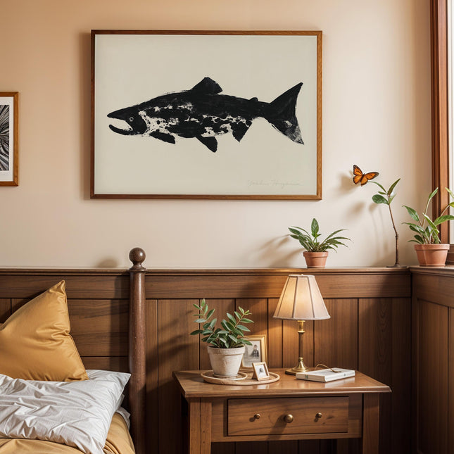 Salmon Print Wall Art, Vintage Ink Brush Fish Poster, Minimalist Black Cream Fishing Decor, Abstract Trout Wildlife Art, Coastal Cabin Print