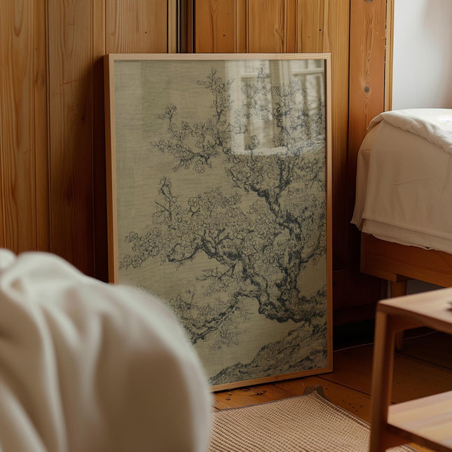 Vintage Cherry Blossom Print, Japanese Ink Sketch Tree Wall Art, Antique Botanical Nature Poster, Minimalist Sage Green Floral Decor Print