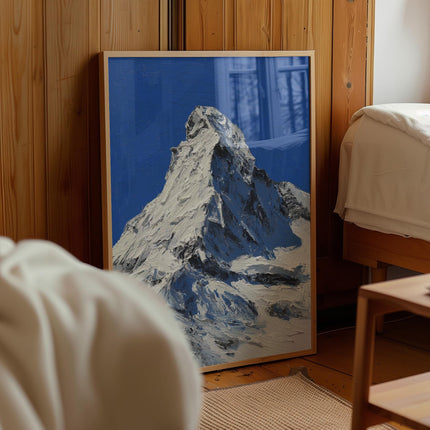 Alpine Mountain Print, Bold Blue Snow Peak Wall Art, Oil Painting Style Summit Poster, Winter Matterhorn Decor, Ski Chalet Art Print