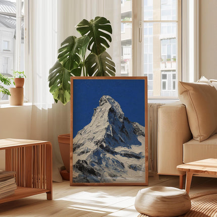 Alpine Mountain Print, Bold Blue Snow Peak Wall Art, Oil Painting Style Summit Poster, Winter Matterhorn Decor, Ski Chalet Art Print