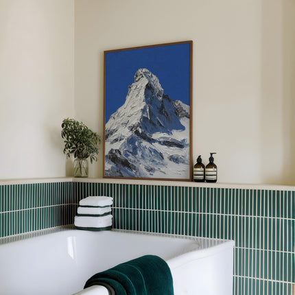 Alpine Mountain Print, Bold Blue Snow Peak Wall Art, Oil Painting Style Summit Poster, Winter Matterhorn Decor, Ski Chalet Art Print