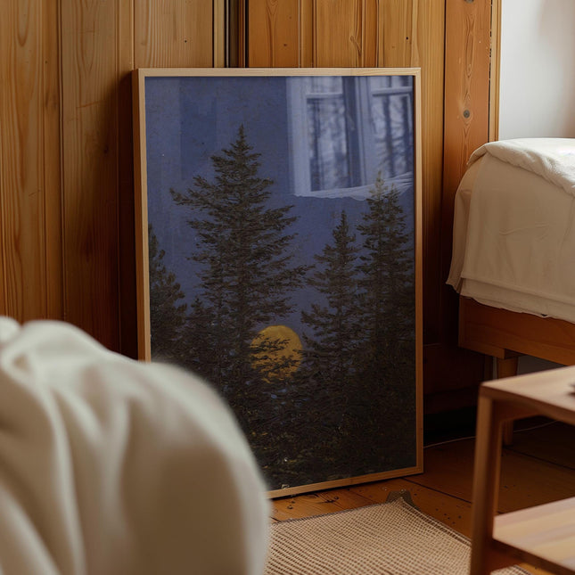 Full Moon Forest Print, Vintage Night Sky Pine Tree Wall Art, Dark Blue Moonrise Landscape Poster, Moody Romantic Nature Decor, Cabin Print