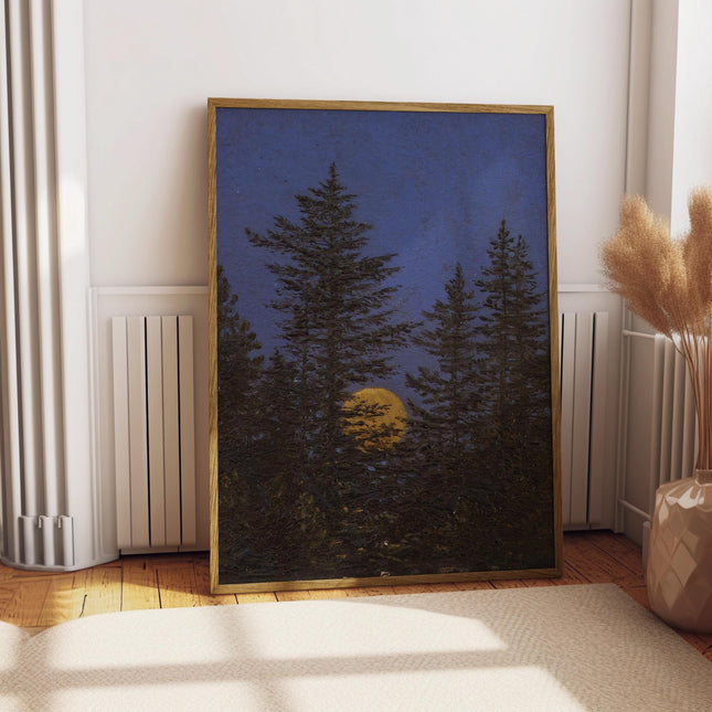 Full Moon Forest Print, Vintage Night Sky Pine Tree Wall Art, Dark Blue Moonrise Landscape Poster, Moody Romantic Nature Decor, Cabin Print
