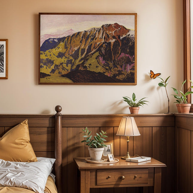 Vintage Alpine Landscape Print, Earthy Mountain Oil Painting Poster, Rustic Hiking Wall Art, Moody Green Brown Summit Decor, Cabin Art Print