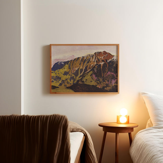 Vintage Alpine Landscape Print, Earthy Mountain Oil Painting Poster, Rustic Hiking Wall Art, Moody Green Brown Summit Decor, Cabin Art Print