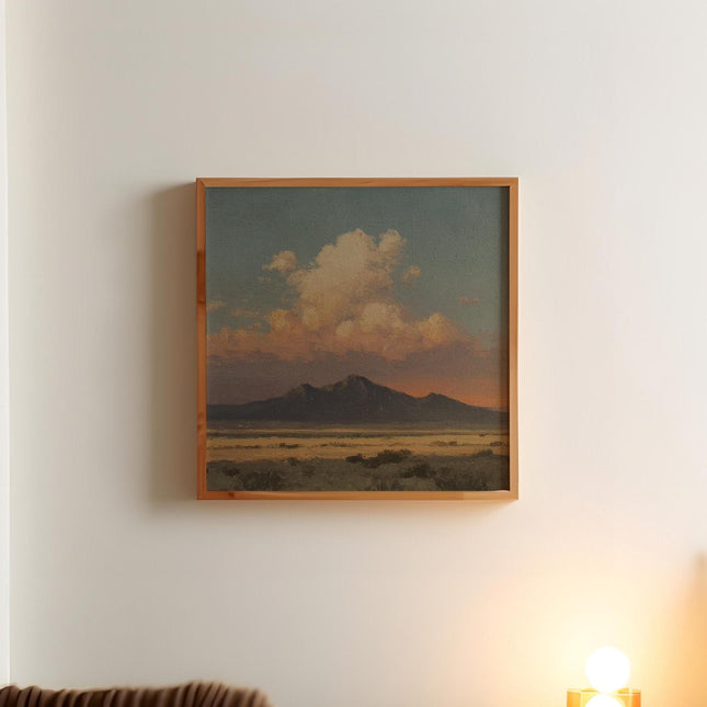 Desert Sunset Mountain Print, Vintage 1800s Oil Painting Landscape Poster, Warm Teal Orange Prairie Sky Decor, Antique Western Art Print