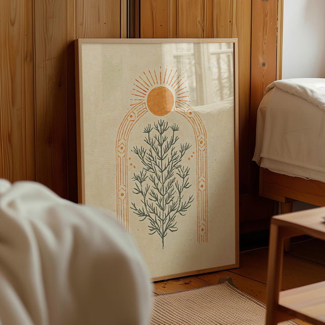 Boho Sun And Plant Print, Minimalist Celestial Wall Art, Vintage Arc Botanical Poster, Earth Tone Nature Decor, Mystic Sun Art Print