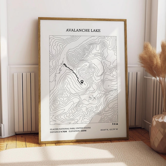 Avalanche Lake Hiking Map Print, Glacier National Park Montana Topographic Poster, USA Trail Hiker Gift, Minimalist Outdoor Adventure Print