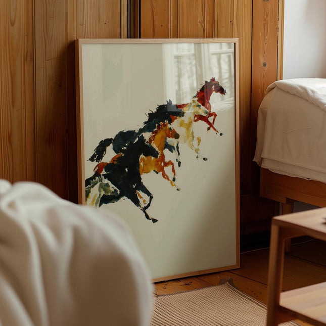 Running Horses Print, Abstract Watercolour Equestrian Wall Art, Colourful Wild Horse Poster, Bold Gestural Animal Decor, Modern Horse Print