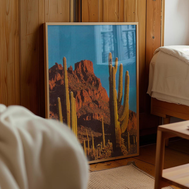 Retro Desert Cactus Print, Vintage Arizona Saguaro Landscape Poster, Southwest Photography Wall Art, Bold Blue Red Rock Western Decor Print