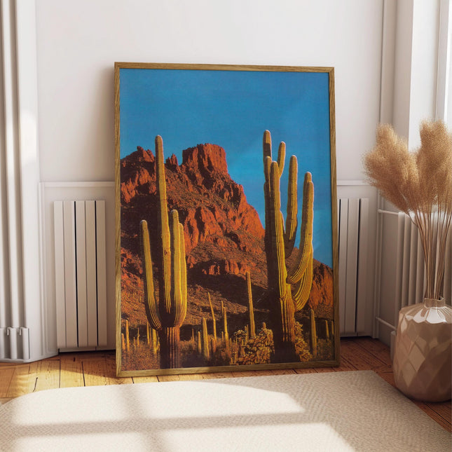Retro Desert Cactus Print, Vintage Arizona Saguaro Landscape Poster, Southwest Photography Wall Art, Bold Blue Red Rock Western Decor Print