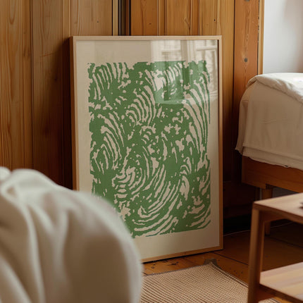 Green Wave Print, Japanese Woodblock Style Ocean Wall Art, Sage Green Abstract Poster, Retro Swirl Nature Decor, Bold Green Cream Art Print