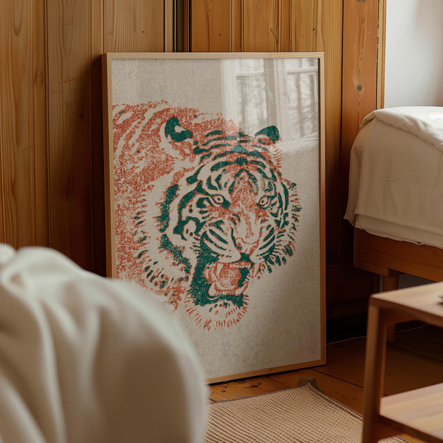 Japanese Tiger Print, Vintage Roaring Tiger Wall Art, Retro Orange Green Poster, Bold Woodblock Style Animal Decor, Big Cat Art Print
