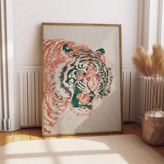 Japanese Tiger Print, Vintage Roaring Tiger Wall Art, Retro Orange Green Poster, Bold Woodblock Style Animal Decor, Big Cat Art Print