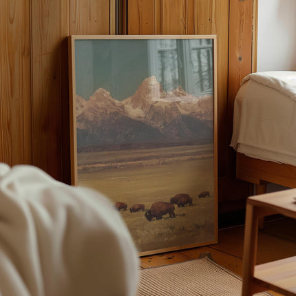 Bison Grazing in a Field Vintage Oil Painting Print Rustic Antique Retro Buffalo Print Rocky Mountain Poster Western Cabin Cottage Wall Art