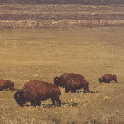 Bison Grazing in a Field Vintage Oil Painting Print Rustic Antique Retro Buffalo Print Rocky Mountain Poster Western Cabin Cottage Wall Art