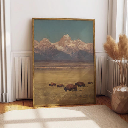Bison Grazing in a Field Vintage Oil Painting Print Rustic Antique Retro Buffalo Print Rocky Mountain Poster Western Cabin Cottage Wall Art