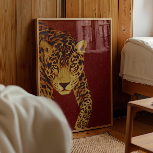 Leopard Wall Art, Vintage Stalking Jaguar Poster, Bold Red Gold Wild Cat Decor, Retro Animal Wildlife Art, Big Cat Maximalist Print