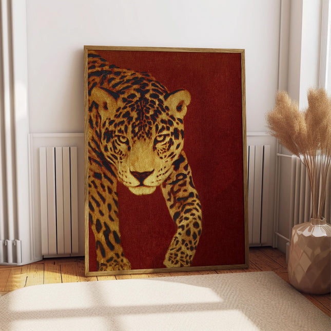 Leopard Wall Art, Vintage Stalking Jaguar Poster, Bold Red Gold Wild Cat Decor, Retro Animal Wildlife Art, Big Cat Maximalist Print