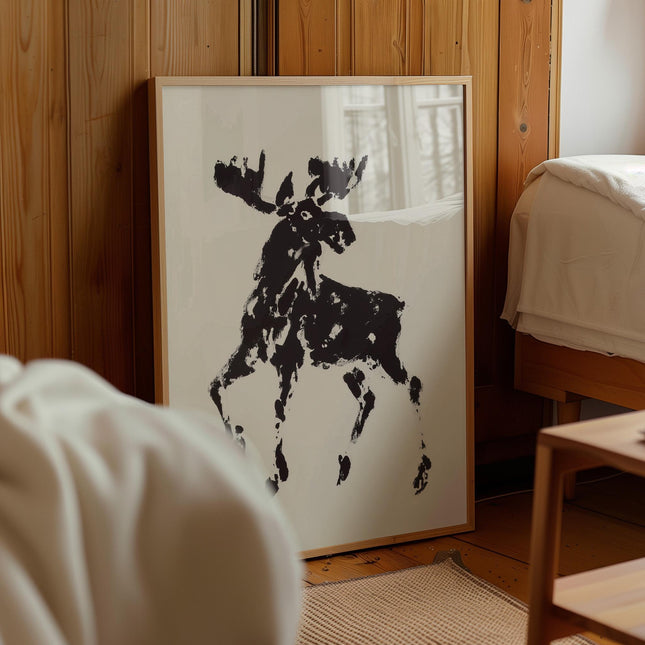 Moose Print Wall Art, Abstract Ink Brush Moose Poster, Minimalist Black Cream Wildlife Decor, Rustic Canadian Animal Art, Cabin Nature Print