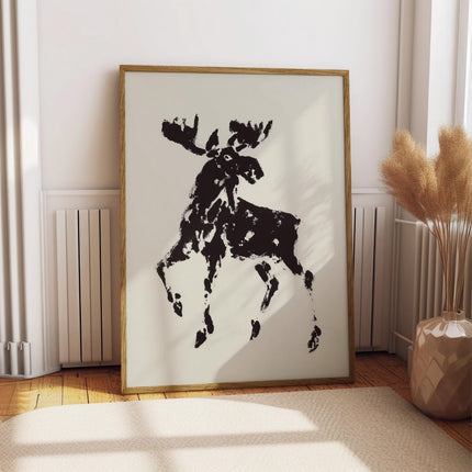 Moose Print Wall Art, Abstract Ink Brush Moose Poster, Minimalist Black Cream Wildlife Decor, Rustic Canadian Animal Art, Cabin Nature Print