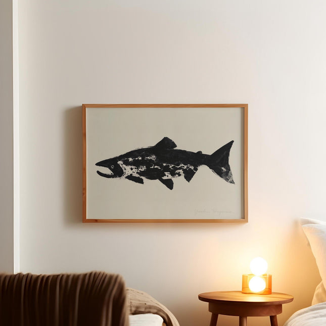 Salmon Print Wall Art, Vintage Ink Brush Fish Poster, Minimalist Black Cream Fishing Decor, Abstract Trout Wildlife Art, Coastal Cabin Print