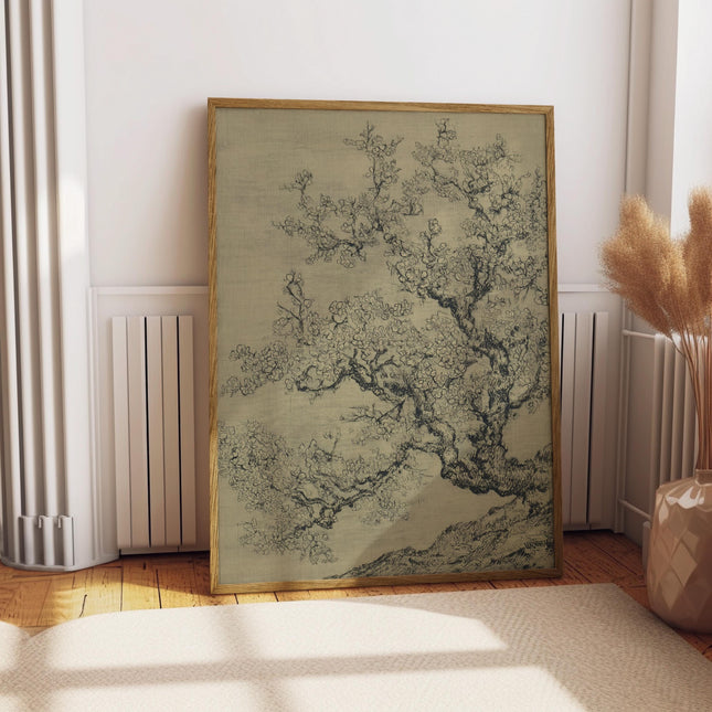Vintage Cherry Blossom Print, Japanese Ink Sketch Tree Wall Art, Antique Botanical Nature Poster, Minimalist Sage Green Floral Decor Print