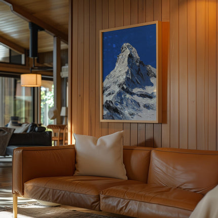 Alpine Mountain Print, Bold Blue Snow Peak Wall Art, Oil Painting Style Summit Poster, Winter Matterhorn Decor, Ski Chalet Art Print