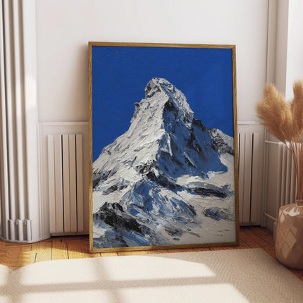 Alpine Mountain Print, Bold Blue Snow Peak Wall Art, Oil Painting Style Summit Poster, Winter Matterhorn Decor, Ski Chalet Art Print