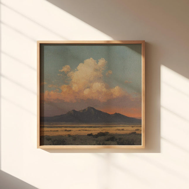 Desert Sunset Mountain Print, Vintage 1800s Oil Painting Landscape Poster, Warm Teal Orange Prairie Sky Decor, Antique Western Art Print