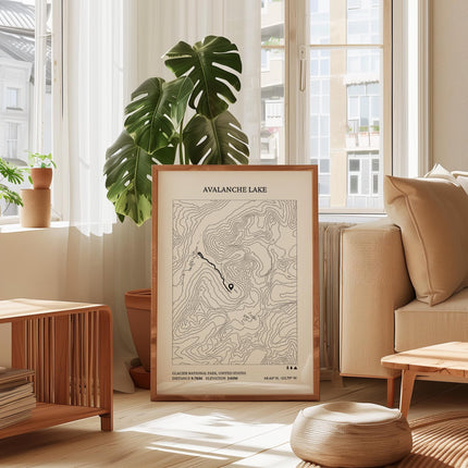 Avalanche Lake Hiking Map Print, Glacier National Park Montana Topographic Poster, USA Trail Hiker Gift, Minimalist Outdoor Adventure Print