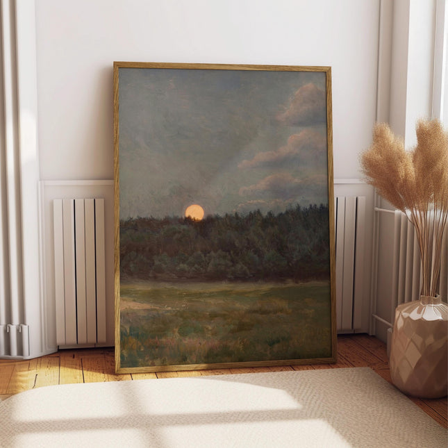 Moonrise Landscape Print, Vintage Full Moon Forest Wall Art, Moody Green Blue Night Sky Poster, Romantic Antique Decor, Cottagecore Print