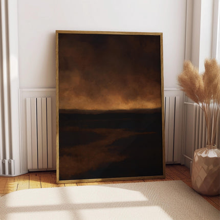 Dark Abstract Landscape Print, Moody Brown Black Oil Painting Poster, Brooding Storm Sky Wall Art, Dark Amber Expressionist Decor Art Print