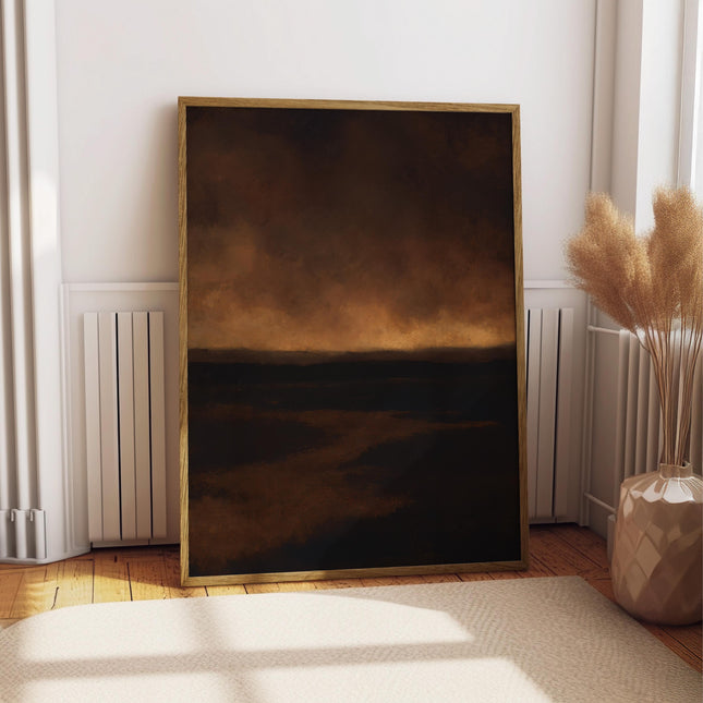 Dark Abstract Landscape Print, Moody Brown Black Oil Painting Poster, Brooding Storm Sky Wall Art, Dark Amber Expressionist Decor Art Print
