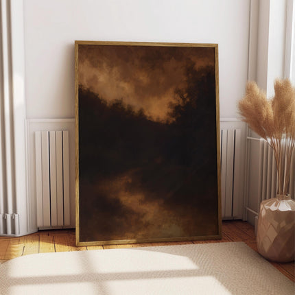 Dark Forest Print, Moody Brown Black Oil Painting Poster, Brooding Night Woods Wall Art, Dark Amber Gothic Nature Decor, Atmospheric Art