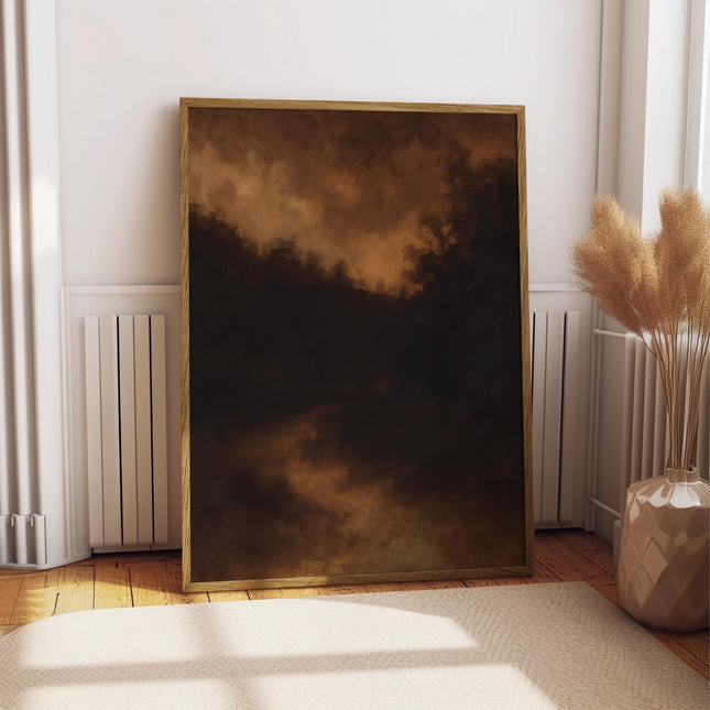 Dark Forest Print, Moody Brown Black Oil Painting Poster, Brooding Night Woods Wall Art, Dark Amber Gothic Nature Decor, Atmospheric Art