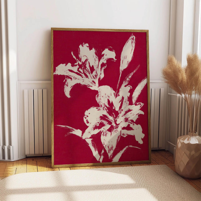 Red Lily Print, Bold Floral Wall Art, Vintage Crimson Botanical Poster, Maximalist White Flower Decor, Abstract Lily Woodblock Art Print