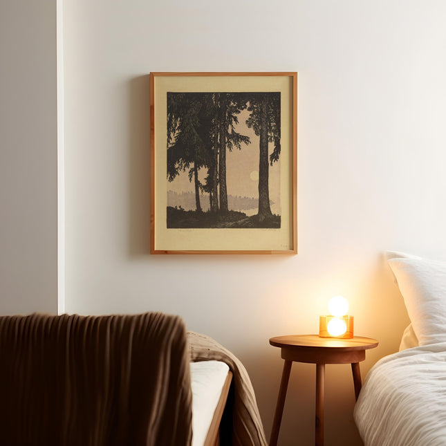 Moonlight Forest Print, Vintage Dark Pine Tree Wall Art, Antique Etching Style Nature Poster, Moody Woodland Landscape Decor, Cabin Print