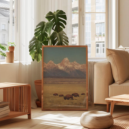 Bison Grazing in a Field Vintage Oil Painting Print Rustic Antique Retro Buffalo Print Rocky Mountain Poster Western Cabin Cottage Wall Art