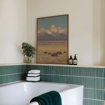 Bison Grazing in a Field Vintage Oil Painting Print Rustic Antique Retro Buffalo Print Rocky Mountain Poster Western Cabin Cottage Wall Art