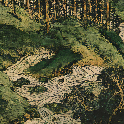 Vintage Japanese Landscape Print, Antique Green Forest River Wall Art, Traditional Woodblock Nature Poster, Japandi Botanical Art Print